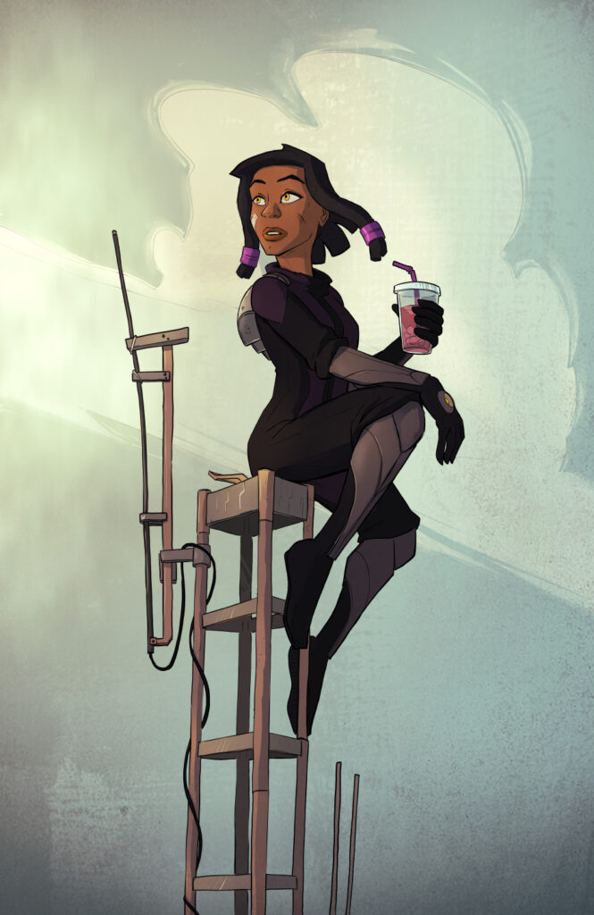 Splash image of Markesha perched on top of a rickety radio tower with a cup of boba tea in hand. She's wearing her infiltration suit and the gravity pack, and looking over her shoulder into the light.