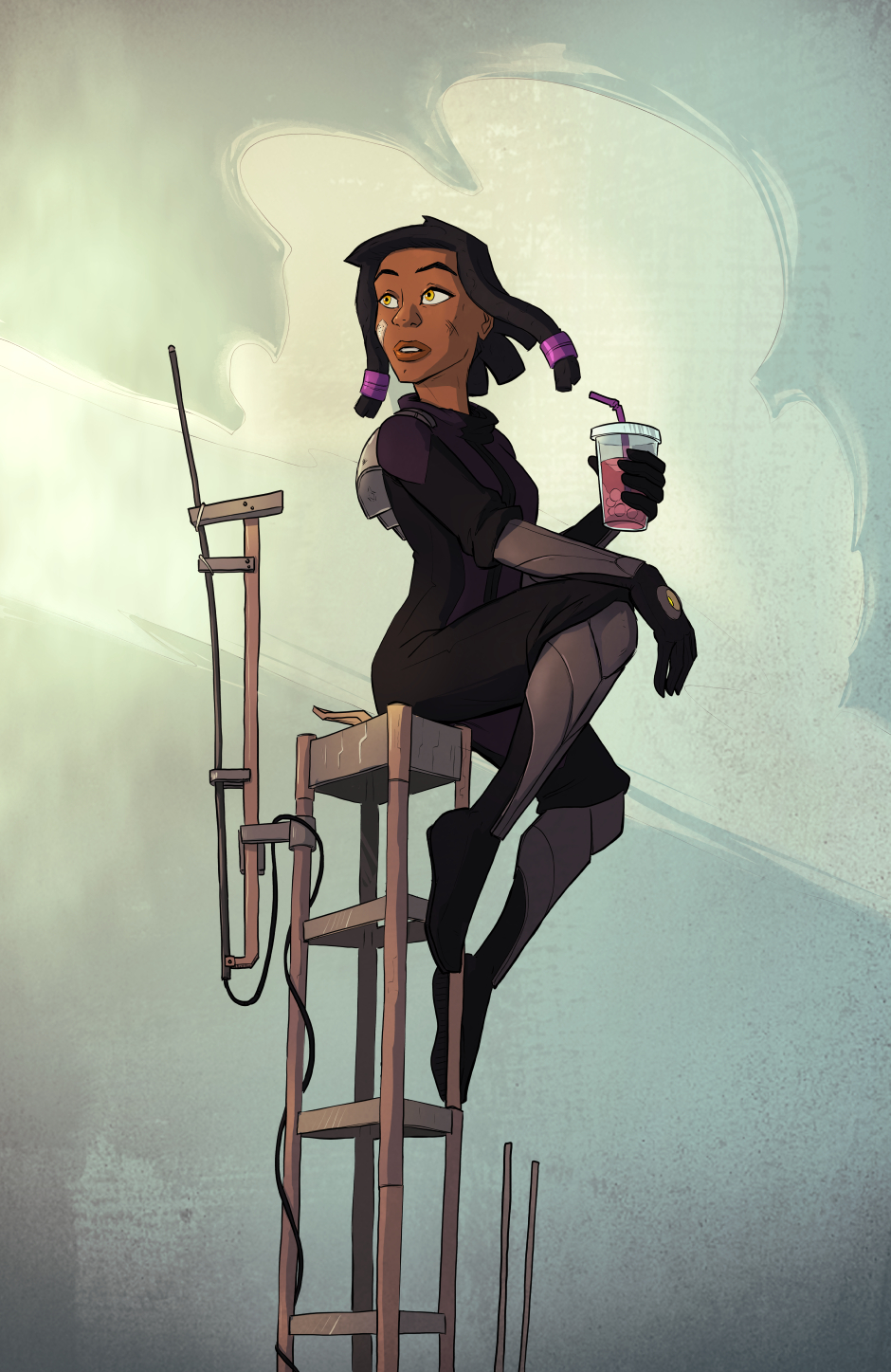 Splash image of Markesha perched on top of a rickety radio tower with a cup of boba tea in hand. She's wearing her infiltration suit and the gravity pack, and looking over her shoulder into the light.
