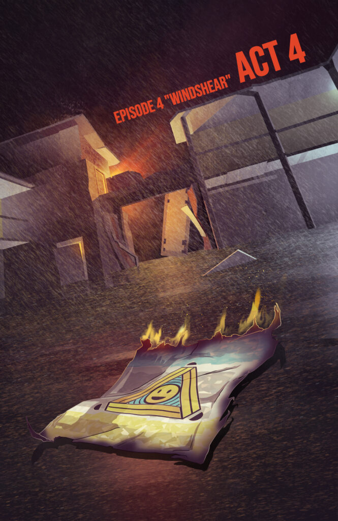 Cover image for Episode 4 Act 4. A burning Redemeer Cult banner floats in floodwater. In the background, the gate to the Redemption Center has been blown open, and the guard tower is on fire amid the raging storm.