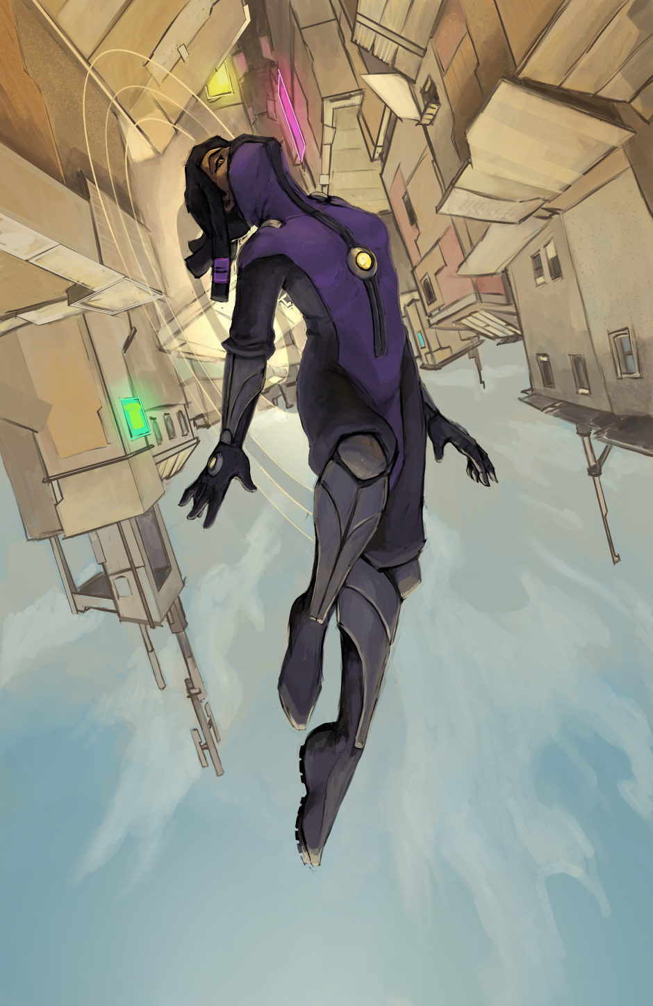 Digital painting of Kamikaze mid flight, inverted over Outer Trinity, with her gravity pack engaged.